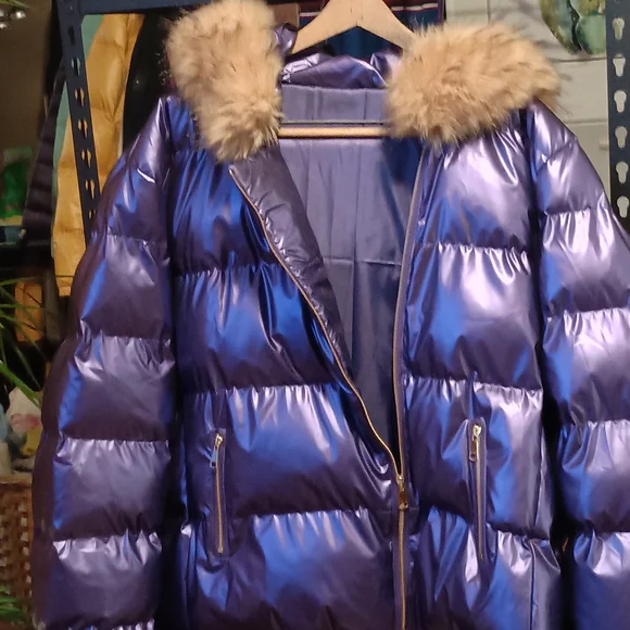 Shiny Purple Puffer Jacket with Fur Hood - Picture 1 of 8